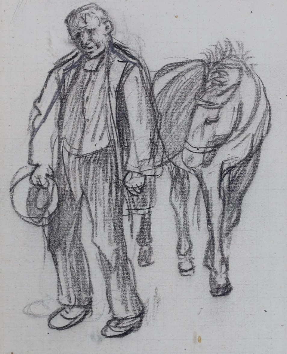 Edith Œnone Somerville (Irish, 1858-1949), watercolour and pencil, 'Bringing home the creels', inscribed verso, 7 x 12.5cm and a pencil drawing, 'The Irish Horse Dealer', illustration from All on the Irish Shore, 14 x 11